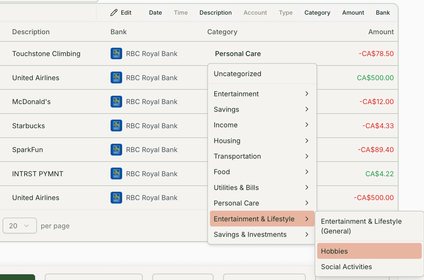Rule suggestion and categorization learning screenshot