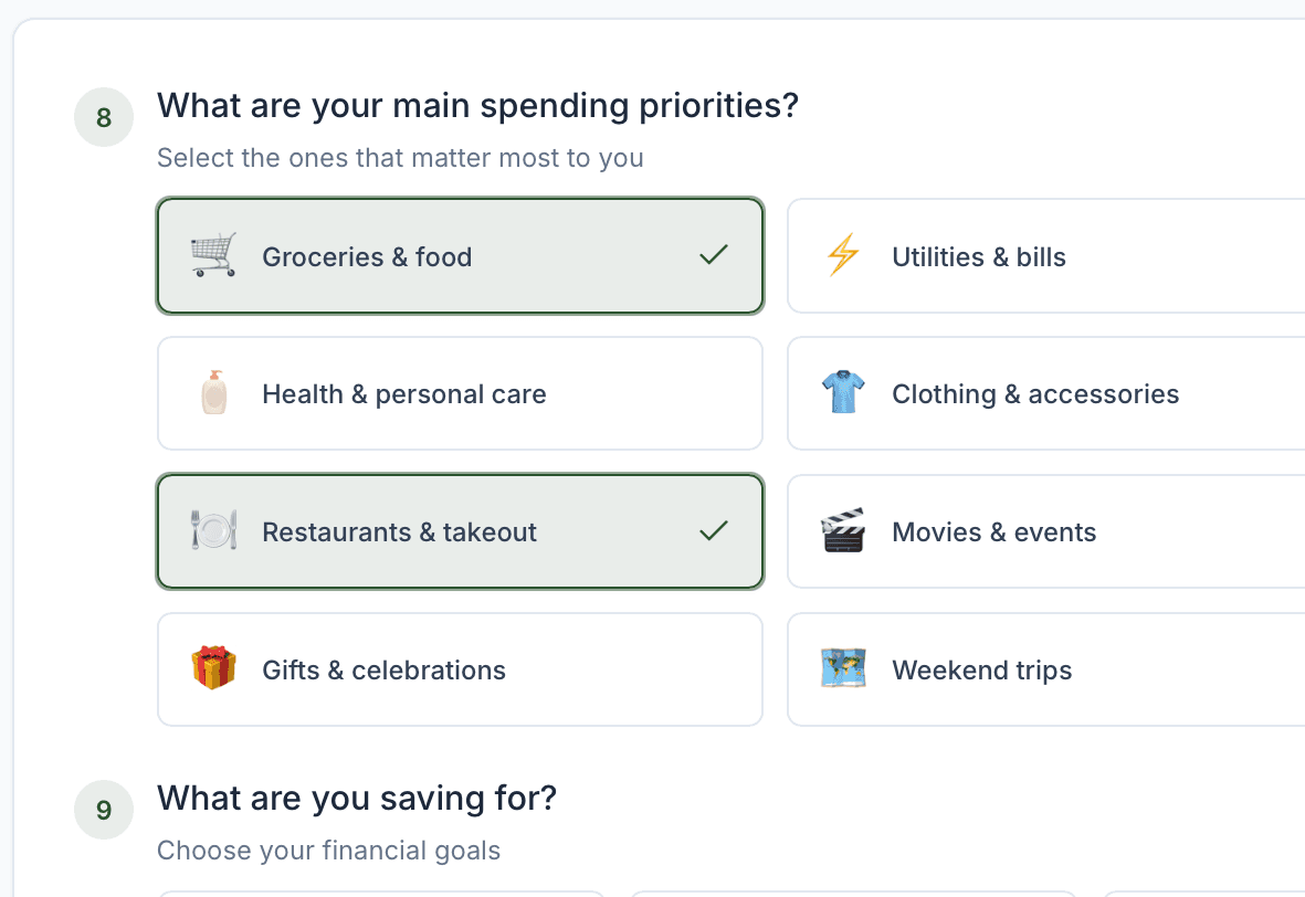 Budget builder interface screenshot